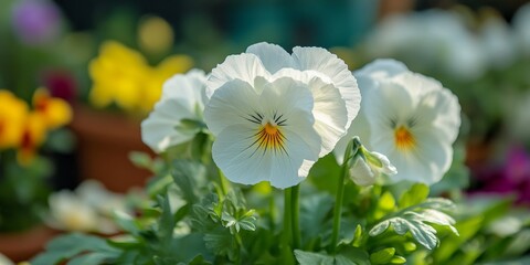 Close up view of a stunning white pansy showcasing its delicate petals in a vibrant garden setting, highlighting the beauty of the white pansy in full bloom among other flora.
