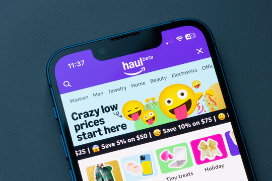 Portland, OR, USA - Nov 14, 2024: Amazon's new online discount section named "Haul" is seen from the Amazon app on an iPhone. Amazon has launched a Temu and Shein rival with "crazy low" prices.