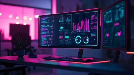 Obraz premium Neon Tech Data Analysis Workspace