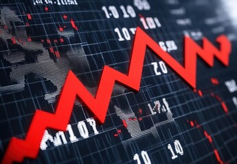 Fototapeta premium Abstract Digital Graphic of a Falling Stock Market Trend Depicted by a Red Arrow Against Data and Numbers on a Black Grid Background