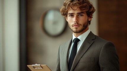 Full body portrait of a young employee in a suit, holding a clipboard and looking to the side.