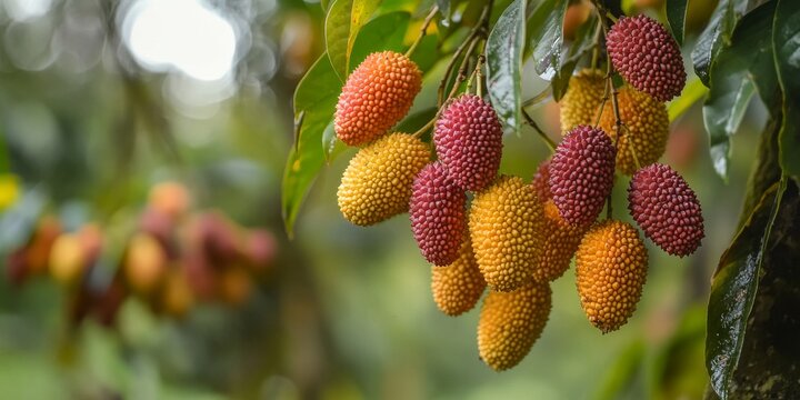 Ripe Duku Dokong fruits hang on the tree in a garden setting, showcasing their vibrant colors. This image captures a bunch of Duku Dokong fruit, emphasizing their freshness and appeal.