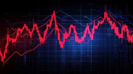 Naklejka premium Abstract Financial Chart with Red and Blue Lines Showcasing Market Trends and Data Movements on a Dark Background for Business and Finance Concepts
