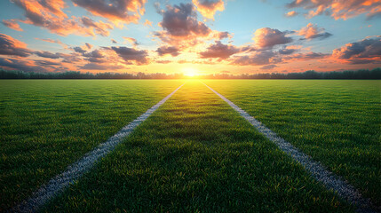 Obraz premium Sunset Over Green Field with White Lines - Realistic Image