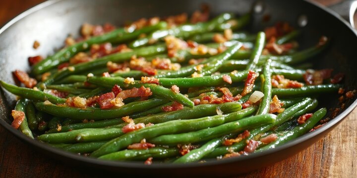 Delicious sauteed green beans cooked with crispy bacon, savory onion, and crunchy bread crumbs in a steel frying pan create a mouthwatering dish featuring healthy sauteed green beans.