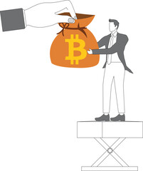 Giant hand giving the small businessman a big money bag with Bitcoin Cryptocurrency Sign
