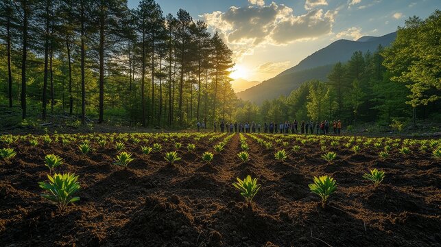 Community planting event promoting sustainability in nature forested landscape group activity evening light environmental awareness