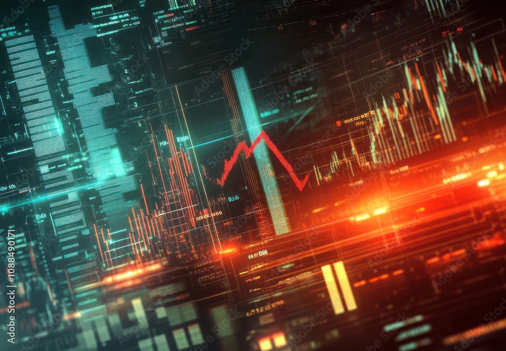Poster abstract futuristic finance data visualization with graphs and charts representing market trends and
