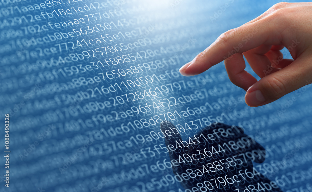 Poster Data processing for big data analysis in database. Abstract image of digital data technology. Hand touching hexadecimal numbers.