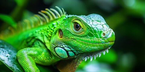 Fototapeta premium Close up image showcasing a vibrant green iguana, highlighting the unique features and textures of this fascinating reptile native to Central America, emphasizing its stunning green coloration.