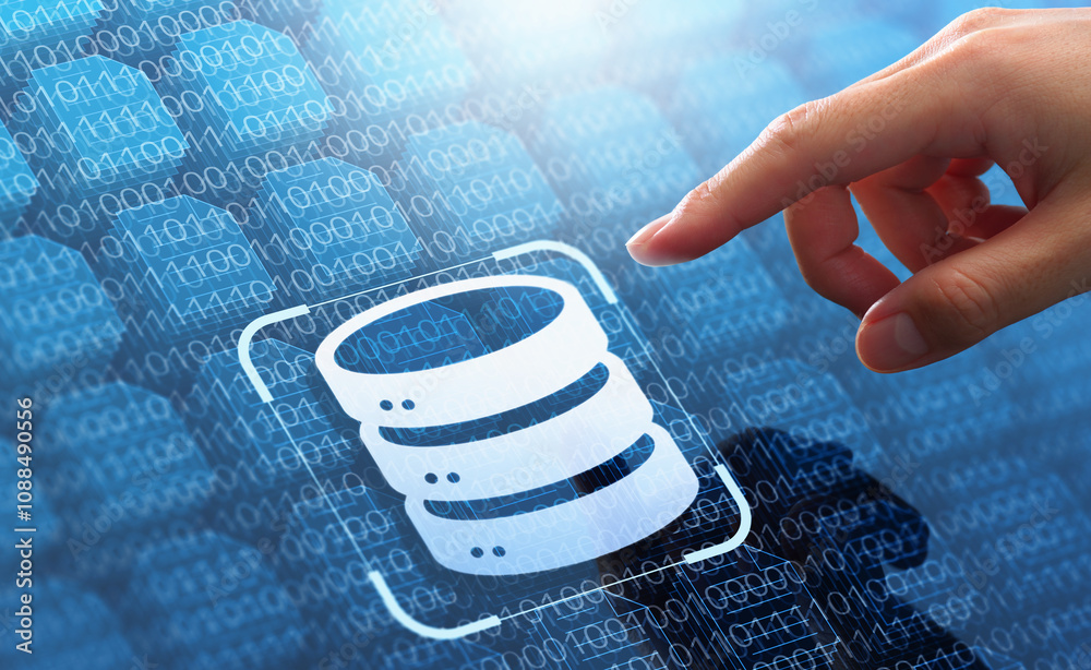 Leinwandbilder Database technology for data processing and big data analysis. Storage for binary data and files. Hand touching database icon.