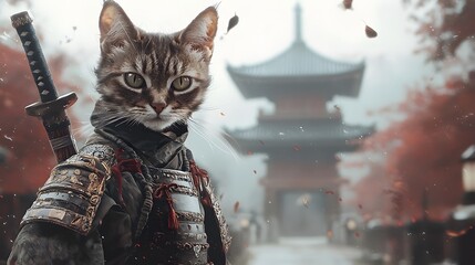 Fierce feline samurai ancient temple digital art misty environment dramatic perspective fantasy concept