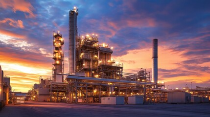 Fototapeta premium Industrial facility illuminated by sunset, showcasing machinery and infrastructure.