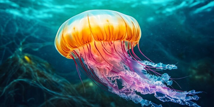 Barrel jellyfish, also referred to as Rhizostoma pulmo or frilly mouthed jellyfish, gracefully float in a vibrant sea, showcasing the unique characteristics of the barrel jellyfish in its natural