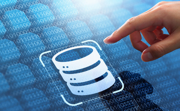 Database technology for data processing and big data analysis. Storage for binary data and files. Hand touching database icon.