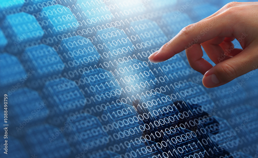 Leinwandbilder Binary data processing for big data analysis in database. Abstract image of digital data technology. Hand touching many file icons and numbers.