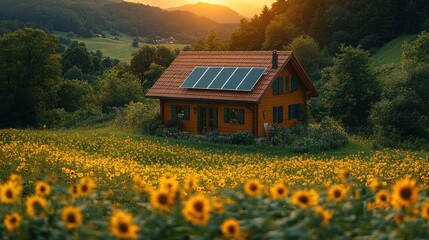 Fototapeta premium Cabin in a Sunflower Field with Solar Panels