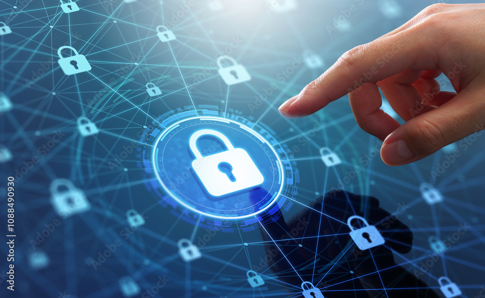 Poster Security of network and internet server. Encryption networking and connect technology. Hand touching padlock icon on network structure.