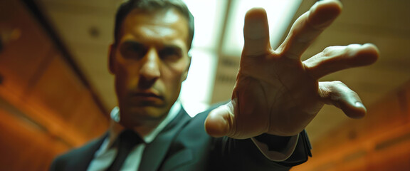 business man reach out hand in front blur background catch grab clutch boss manager ambition to promoted sinfulness