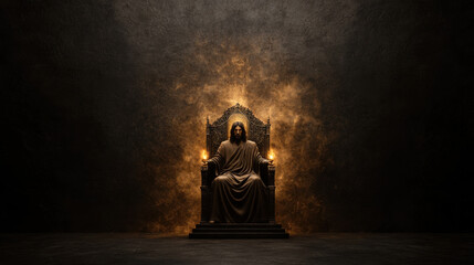 Majestic throne with figure seated, holding eternal light