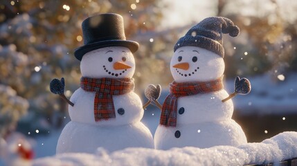 Snowmen holding hands outdoors. Winter snowman in black hat, scarf and gloves. Christmas winter banner with snowman. Winter greeting card with with snowman.