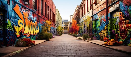 Obraz premium A vibrant alleyway adorned with colorful street art and blooming plants.
