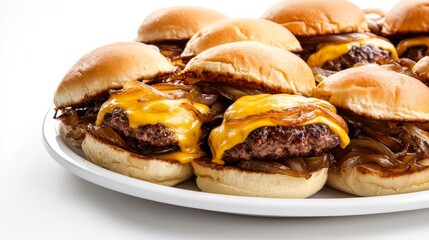 A plate of gourmet sliders with mini beef burgers, melted cheese, caramelized onions