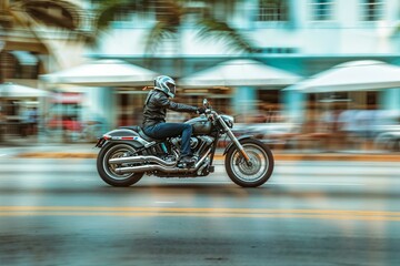 Fototapeta premium A motorcyclist riding a sleek bike through a vibrant city street, with blurred background motion creating a sense of speed, energy, and urban adventure