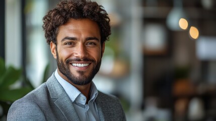 Obraz premium Young professional in a gray suit, holding a tablet and smiling, isolated against a white background.