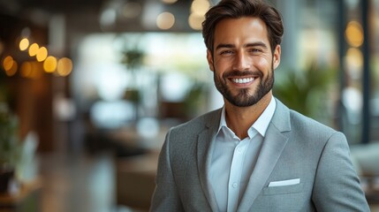 Obraz premium Young professional in a gray suit, holding a tablet and smiling, isolated against a white background.