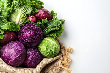Cabbage and red cabbage with jute fabric on a white background.