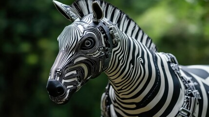 Naklejka premium Robotic Zebra Sculpture: A Striking Fusion of Nature and Technology