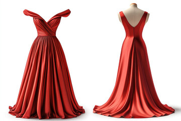 Obraz premium Red satin evening dress with intricate lace back detail displayed against a dimly lit background, exuding elegance and sophistication.