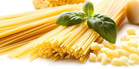 Raw pasta, featuring spaghetti and macaroni, is beautifully isolated on a white background, showcasing the versatility and appeal of raw pasta in various culinary creations.