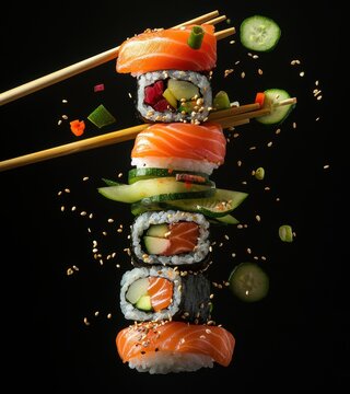 Artistic Arrangement of Fresh Sushi Rolls with Salmon, Cucumber, and Sesame Seeds on Dark Background with Asian Chopsticks