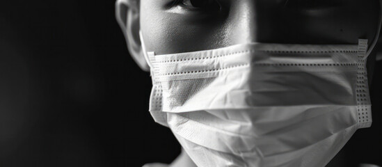 close up face black and white of man wearing medical mask protection virus or air pollution dust particle health care safety self copy space