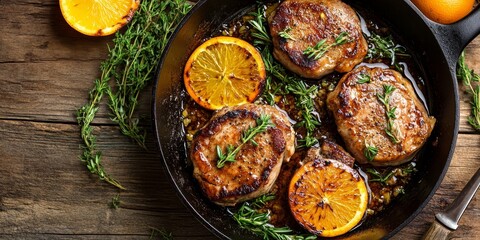 Fried pork medallions served with orange slices and fresh herbs, beautifully presented from a top view in a rustic skillet, highlight the deliciousness of traditional fried pork dishes.