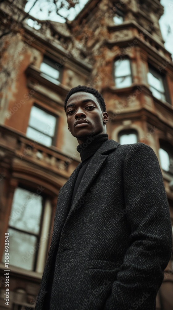Aufkleber a man in a black coat stands in front of a building