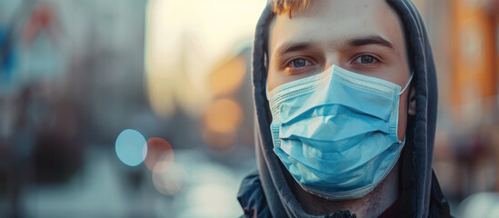face of man in hood outdoor wearing medical mask protection virus or air pollution dust particle health care safety self