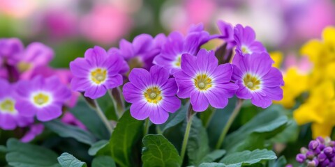 Purple flower of Primula denticulata, commonly known as drumstick primrose, blooms vibrantly in a spring garden, creating a beautiful background filled with colorful flowers.