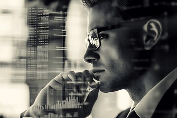 A Man Contemplates Data Streams and Financial Charts