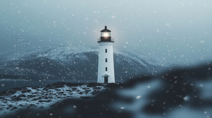 winter storm wind wild. lighthouse stands tall amidst snow flurries and mountains.  no body