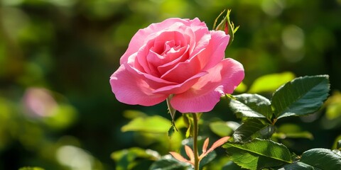 A vibrant pink rose flower basks in the sunshine, surrounded by lush greenery and foliage. The pink rose flower stands out beautifully among the branches of nature.