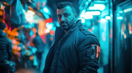 Fototapeta premium Cyberpunk City Night Portrait: A Man in the Neon Glow
