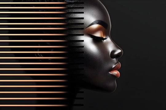 Elegant Black female side profile with glossy skin, abstract geometric backdrop, polished, modern feel