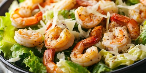 Delicious Caesar salad featuring prawns, fresh lettuce, rich sauce, and cheese. This delightful Caesar salad with prawns combines flavor and texture for a satisfying meal.