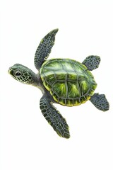 Fototapeta premium Green sea turtle swimming on white background.