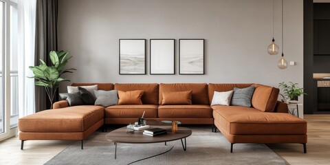 Scandinavian style enhances the spacious living room, featuring a comfortable brown corner sofa, creating a cozy and inviting atmosphere within the Scandinavian inspired design.