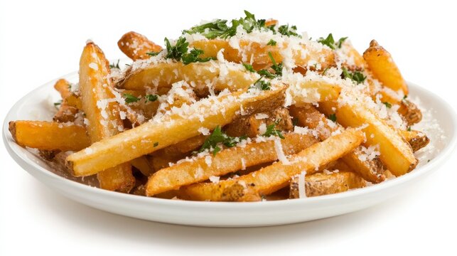 A plate of gourmet truffle fries sprinkled with parmesan cheese and fresh herbs, Each fry crispy and seasoned to perfection, Set against an isolated white background to highlight its indulgent flavor 