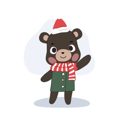Adorable cartoon bear dressed in a cozy Christmas themed winter outfit